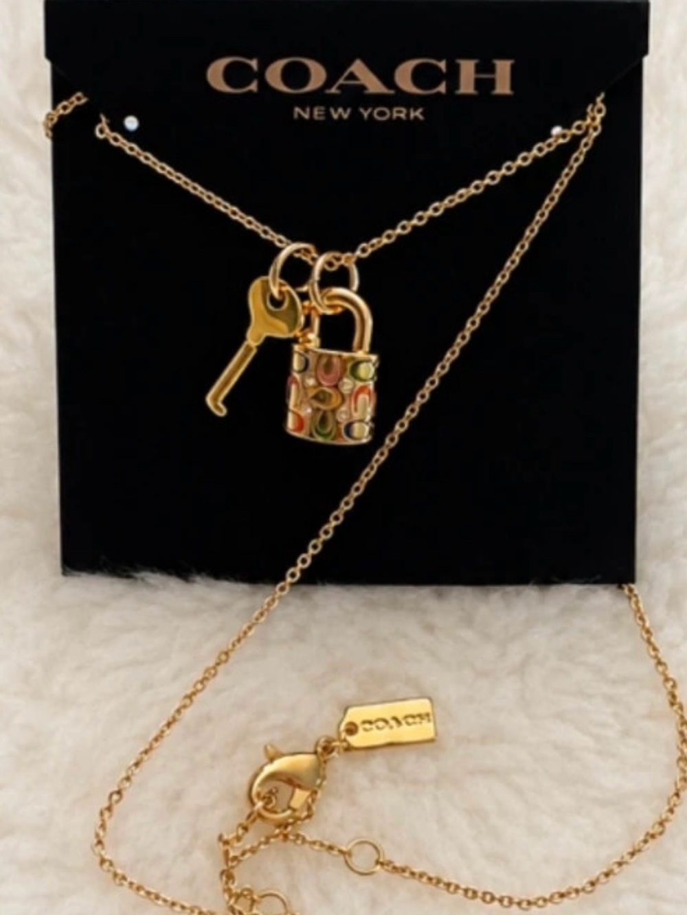 Coach Gold-Tone Padlock & Key Necklace with Multicolor Enamel